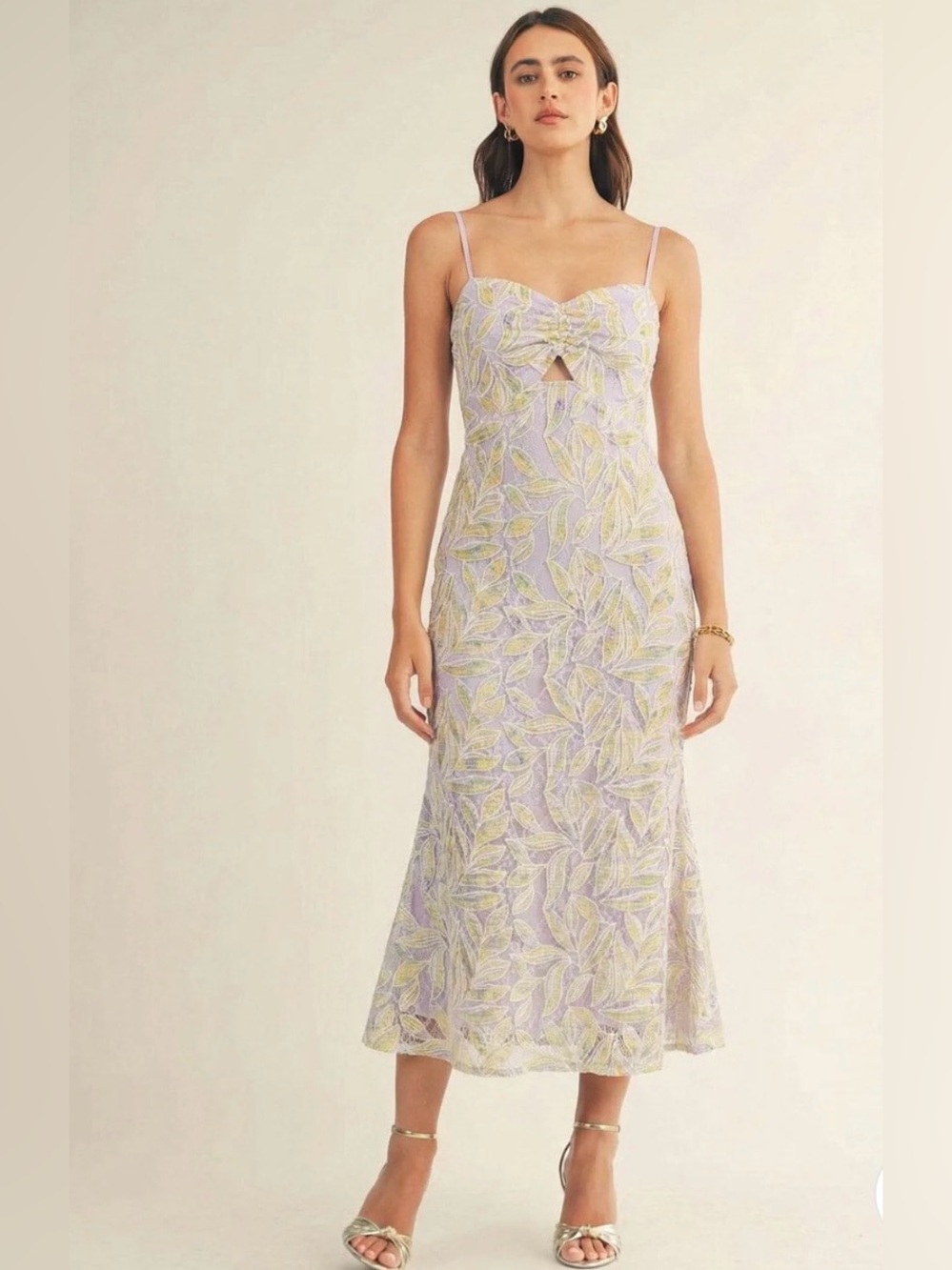 A646. Lavender Leaf-Print Spaghetti Strap Midi Dress